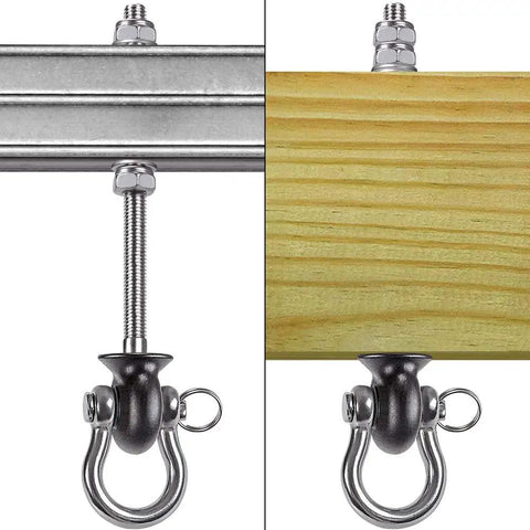 Heavy Duty Swing Hangers Rust Resistant Stainless Steel 304 Swivel Bolts with securing hardware on wood and metal beams.