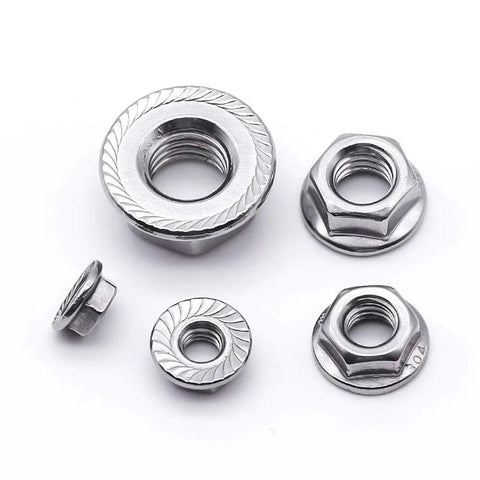 10-24 UNC Serrated Flange Hex Lock Nuts in durable 304 stainless steel, featuring a close-up view of their serrated design.
