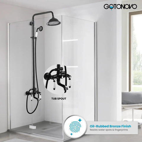 Oil Rubbed Bronze Shower Faucet Set With 8 Inch Rainfall Shower Head Handheld Spray in modern bathroom setting