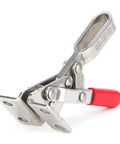 Toggle Clamp With Quick Release, Heavy Duty Stainless Steel Hand Tool For Welding Machining And Fixture Clamping, 60kg Holding Capacity, One Hand Operation stainless steel clamp with red handle on white background