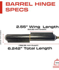 Heavy Duty Weldable Bullet Hinge Measures 6 Point 24 Inches By 0.979 Wide with 2.55 inch wing length and specs displayed.