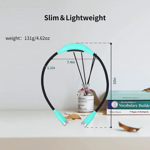 Green Neck Reading Light Hands Free For Cozy Bedside Reading displayed with dimensions and weight 131g