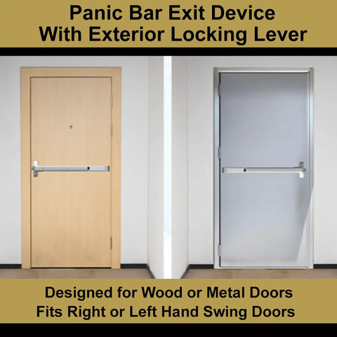 Push Bar Panic Exit Device For Emergency Doors With Exterior Lever Handle, Painted Aluminum, Grade 1 Heavy Duty, ADA Approved For Medium To High Traffic, Reversible Install, Durable And Easy To Use