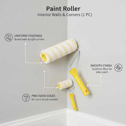 Pro Grade Paint Roller For Drywall And Smooth Ceilings With Dual Yellow Strip Cover For Streak Free Gliding Action On Large Flat Walls.