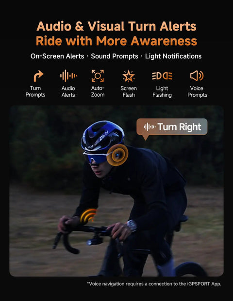 Cyclist using BiNavi Air Bike Computer With 3.0 Inch Touchscreen Display, Maps And Voice Navigation at night with turn alert visible