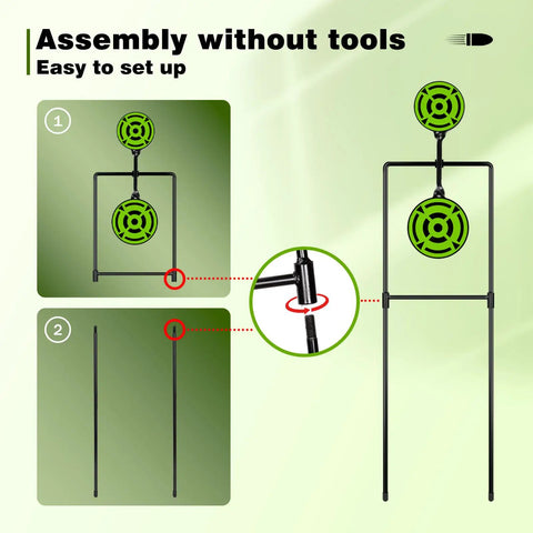 Beefy Double Spinner Auto Reset Steel Target assembly diagram with spinners and ground stake, 31.8 inch tall frame.