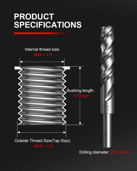 M14x1.5 Thread Repair Kit With 10 Solid 304 Stainless Steel Inserts For Engines Cars ATVs UTVs Motorcycles And Bikes 17.8mm Repair Inserts Pro Grade Tough As Nails Durable Easy Install thread insert with M14x1.5 and M16x1.5 sizes