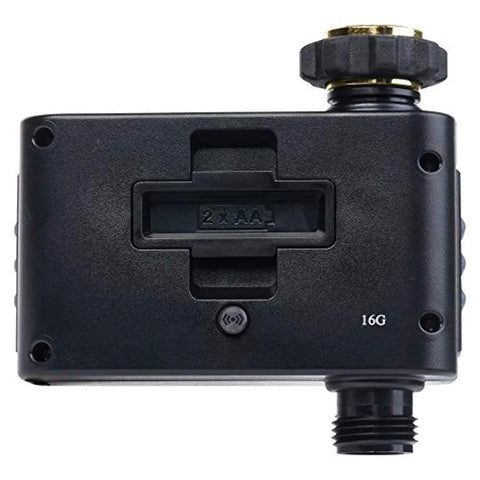 Back view of Hydrologic 4 Zone Digital Water Timer With Smart Zone Control showing battery compartment and connectors.