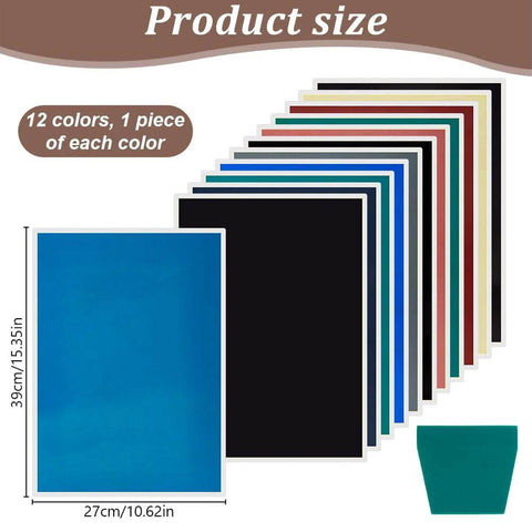 PLIGREAT 12-color marking paper sheets for laser engraving; 39x27 cm, one per color, blue example, scraper included.