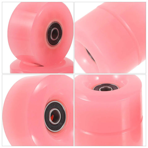 Close-up of pink double row roller skate wheels with bearings 4 pack semi jelly outdoor wheels for inline and quad skates