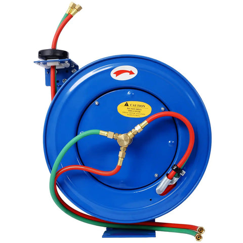 Retractable Welding Hose Reel With One Quarter Inch By 50 Foot Twin Oxygen Acetylene Hoses Heavy Duty Industrial Steel Build