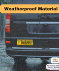 Rear view of van with Two Pack Reflective Vehicle Speed Monitored by GPS Safety Stickers 10x3.5 Inches on bumper, weatherproof