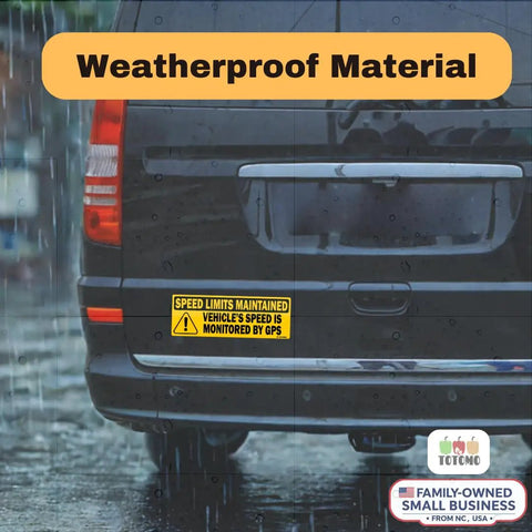 Rear view of van with Two Pack Reflective Vehicle Speed Monitored by GPS Safety Stickers 10x3.5 Inches on bumper, weatherproof
