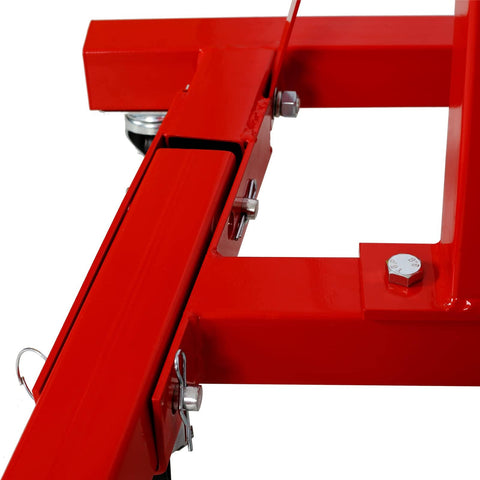 Close-up of red frame from Beefy Heavy Duty Engine Stand 2000 Lb Capacity With 360 Degree Rotating Head Folding Cast Iron Motor Hoist Trolley