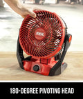 Rock Solid Brushless 7 Inch Jobsite Fan Delivering A Smooth 500 Cfm Breeze With A Flexible 180 Degree Pivoting Head and quick adjust speed controls shown in use.
