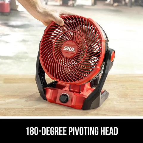 Rock Solid Brushless 7 Inch Jobsite Fan Delivering A Smooth 500 Cfm Breeze With A Flexible 180 Degree Pivoting Head and quick adjust speed controls shown in use.