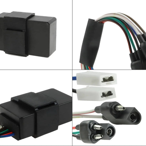 Close-up of High Performance CDI Module Box Ignitor For Polaris Sportsman 335 400 500 Scrambler with wiring connectors