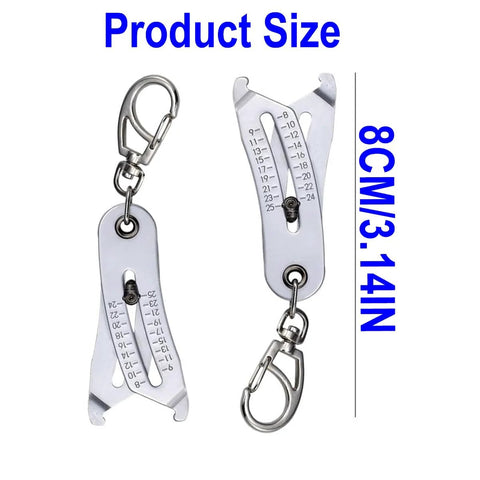 Bolt size finder keychain gauge, metal tool with dual metric and imperial scales for quick thread size checks.