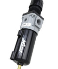 Half Inch NPT Piggyback Filter Regulator For Air Lines And Compressors, Up To 200 PSI, 100 SCFM Capacity, black and gray unit
