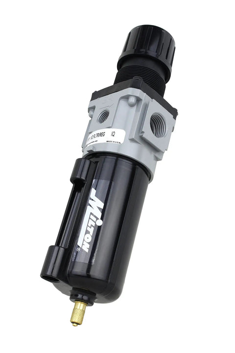 Half Inch NPT Piggyback Filter Regulator For Air Lines And Compressors, Up To 200 PSI, 100 SCFM Capacity, black and gray unit