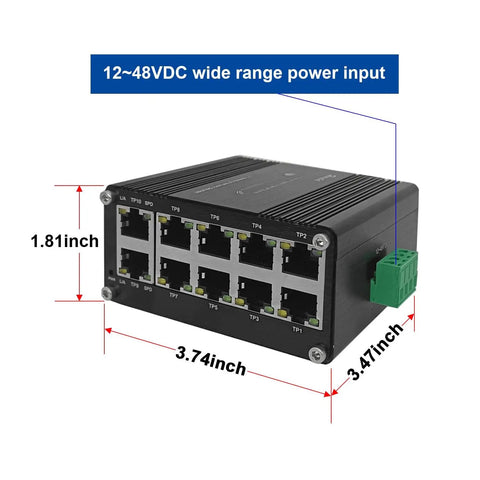 Rugged 10 Port Gigabit Ethernet Switch With Auto MDI X RJ45 Ports 10 100 1000BASE T Full Duplex 1000 Mbps, dimensions shown