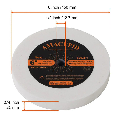 Heavy Duty 6 Inch Bench Grinder Wheels 80 Grit White Aluminum Oxide Vitrified Ceramic Stones with 1/2 inch arbor and 3/4 inch thickness.