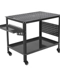 Hella Sturdy Steel Welding Workbench Table With Roll Away Casters And Side Tool Tray 36 X 24 Inch, featuring a black grid top and tool tray.