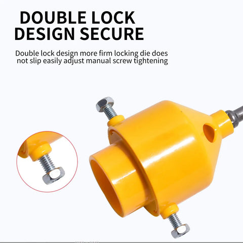 Electric Drill PVC Pipe Threader Kit With Internal And External Threading For One Half Inch Three Quarter Inch And One Inch NPT Pipes Works With Any Drill For Quick Easy Pipe Threading On The Job shown with yellow lock design