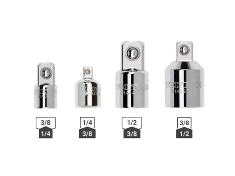 Four Piece Drive Adapter And Reducer Set For Quarter Inch Three Eighths Inch And Half Inch Drives with size labels