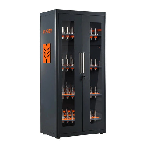 Heavy Duty CNC Tool Cabinet CAT40 Tool Holder Rack With ABS Buffering Liners, water-resistant steel, organized storage, lockable doors.
