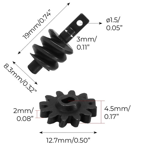 Overdrive Helical Gear Set 2-12T For 1/24 Axial SCX24 Crawler Upgrades showing steel worm gears with dimensions