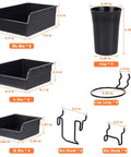 12 Pack Pegboard Bins And Cups Set For One Eighth And One Quarter Inch Pegboard Wall Organizer, showing bin sizes and hooks