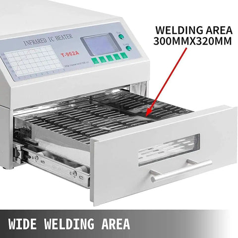 All-In-One Reflow Oven With Infrared Heater Soldering Machine for PCB, open tray view, 300x320mm welding area, T-962A