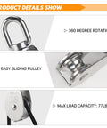Close-up of Beefy Heavy Duty Stainless Steel Pulley System Kit with 360-degree rotation and easy sliding pulley, max load 77lbs.