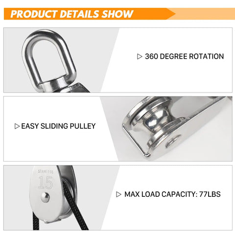 Close-up of Beefy Heavy Duty Stainless Steel Pulley System Kit with 360-degree rotation and easy sliding pulley, max load 77lbs.