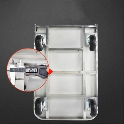 Heavy Duty Stainless Steel Platform Hand Truck Hella Durable Push Cart With Six Inch Swivel Wheels and detailed measurement view.