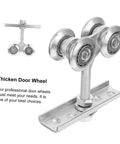 Heavy Duty Sliding Door Track Roller Wheel For Smooth Operation And High Load Capacity Perfect For Industrial Doors Cabinets And Closets Durable Steel Wheel And Track Hardware. Image shows a side view of a metal door track roller with four wheels.