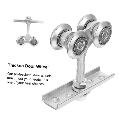 Heavy Duty Sliding Door Track Roller Wheel For Smooth Operation And High Load Capacity Perfect For Industrial Doors Cabinets And Closets Durable Steel Wheel And Track Hardware. Image shows a side view of a metal door track roller with four wheels.