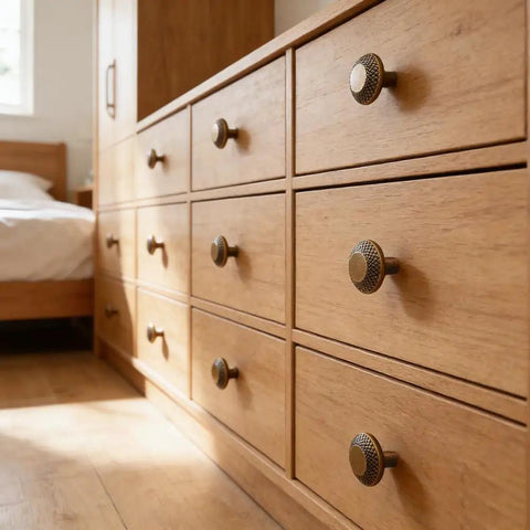 Retro Brass Cabinet Hardware Set With Greek Key Knobs And Hammered Texture on wood drawers