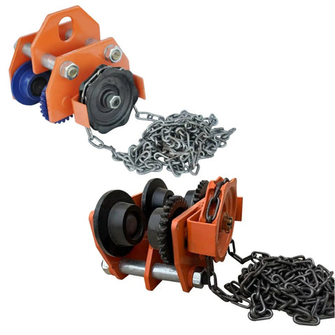 Heavy Duty Manual Chain Geared Trolley Built Dang Tough Steel I Beam Cart with chains and gears for easy lifting.