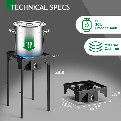 Beefy 75,000 BTU Dual Burner Portable Gas Camp Stove With 20 PSI Regulator shown with large pot, specifications displayed