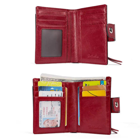 Women Leather Wallet RFID Blocking Small Bifold Zipper Pocket Card Case Purse With ID Window Red open showing slots