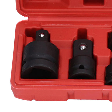 Top Grade 6 Piece Impact Socket Adapter Kit Forged From Chrome Tungsten Steel With Heavy Duty Storage Box Fits 1 4 Inch, 3 8 Inch, 1 2 Inch And 3 4 Inch Drives Perfect Gear For Home Garage Pros Who Need Serious Grit And Reliable Muscle. close-up of black impact socket adapters in red storage case