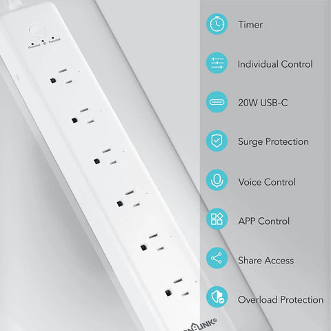 Smart WiFi Power Strip Surge Protector with six outlets, 20W USB-C, and features like voice control and surge protection.