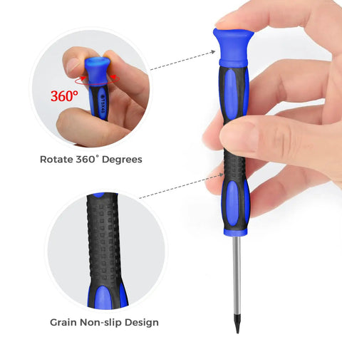 Close-up of Magnetic Torx Screwdriver Set 12Pcs Pro Grade showing 360-degree rotation and non-slip grip handle design.