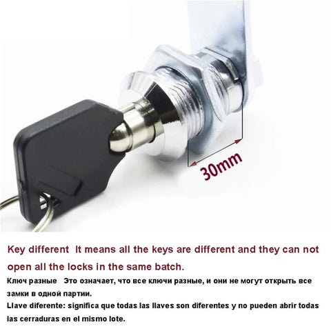 Close-up of tubular cam lock set for drawers mailboxes tool boxes and DIY furniture includes lock two keys and hook.