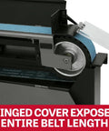 Pro Grade 3 By 79 Inch Belt Grinder With A Rock Solid 4 Hp Motor showing hinged cover and exposed belt length for precision tracking.