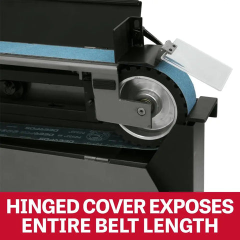 Pro Grade 3 By 79 Inch Belt Grinder With A Rock Solid 4 Hp Motor showing hinged cover and exposed belt length for precision tracking.
