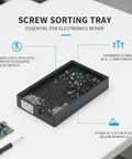 Durable Plastic Parts Organizer Tray For Small Screws And Tiny hardware On Your Workbench, A Handy Sorting Bin To Keep Fasteners Within Reach For Quick Repairs, 8.7 By 6.7 Inch, One Piece on desk with screws visible
