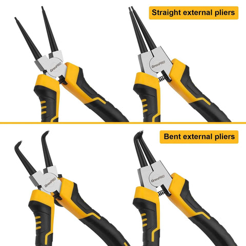 Heavy Duty Snap Ring Pliers Set, Four Piece Kit showing straight and bent external pliers with 5/64 inch tips.